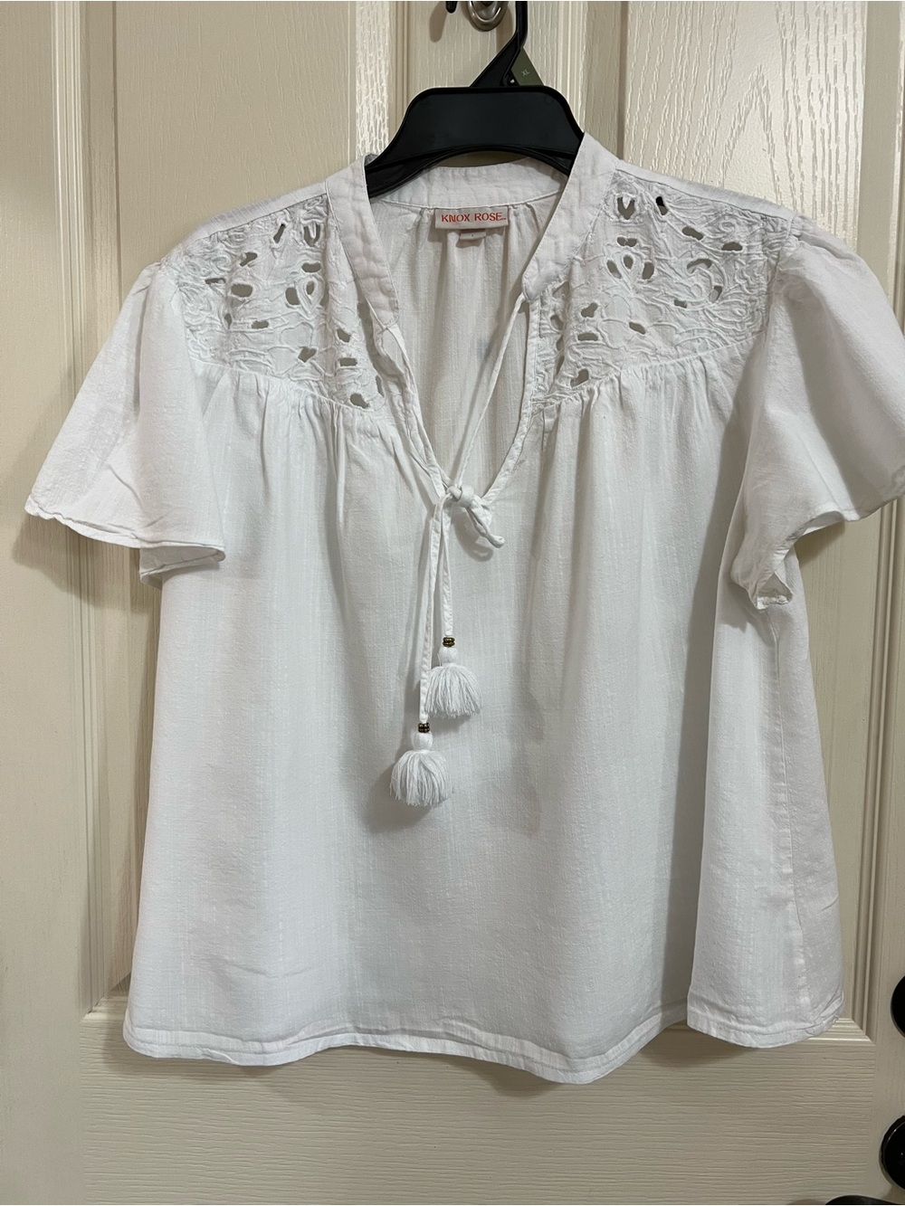 Knox Rose White Tassel Peasant Blouse with Eyelet Yoke